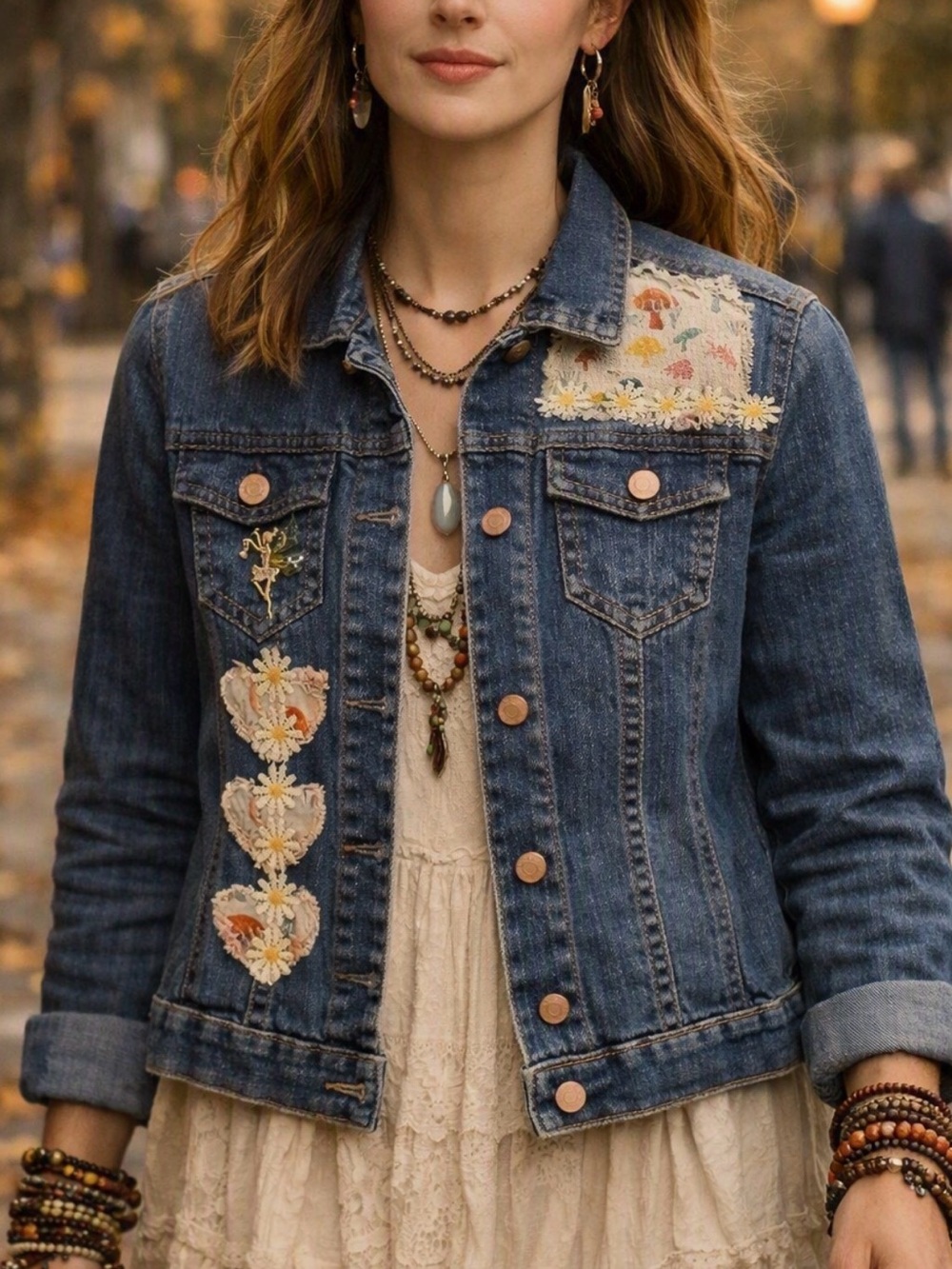 Custom Patchwork “Magic Mushroom Daisy Fairy Garden”–  Bohemian Denim Jacket